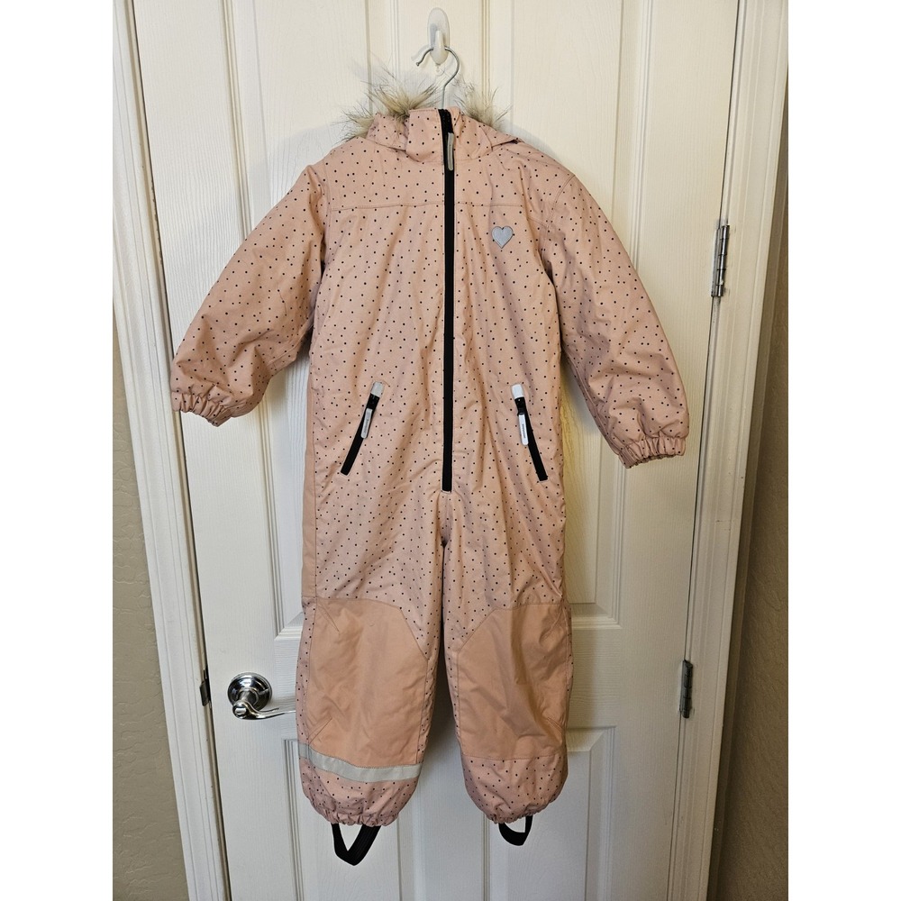 H&M Pink Polka-Dot Padded Snowsuit Removable Faux Fur Hood, Size Youth 3/4
